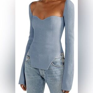 Women’s square neck ribbed knit long sleeve pullover Light Blue Size Small